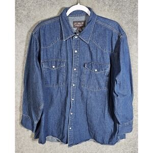Forge Work Wear Denim Pearl Snap Shirt Mens Size XXL Blue Western Chest Pockets